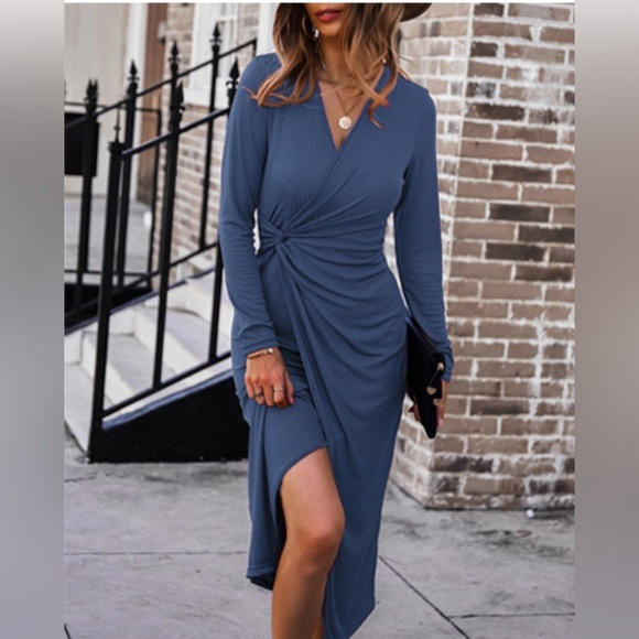 Blue Asymmetrical Wrap Dress with Long Sleeves - Picture 2 of 8
